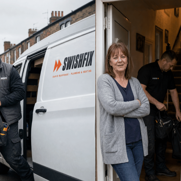 SwishFix engineer with a happy customer at their home